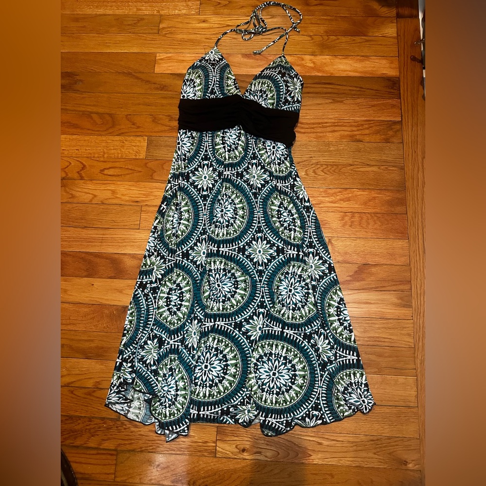 Y2K‎ Tropical Halter Dress Trixxi Small Floral Blue Green Boho Festival Padded